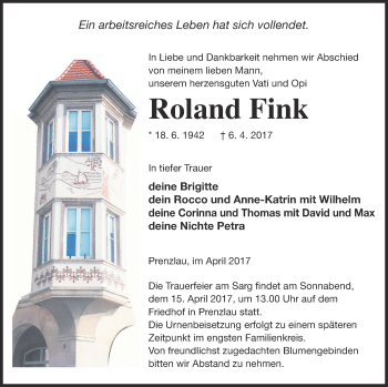 Traueranzeige von Roland Fink von Prenzlauer Zeitung