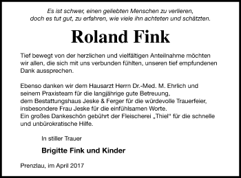Traueranzeige von Roland Fink von Prenzlauer Zeitung