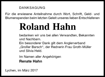 Traueranzeige von Roland Hahn von Templiner Zeitung