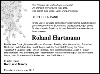 Traueranzeige von Roland Hartmann von Pasewalker Zeitung