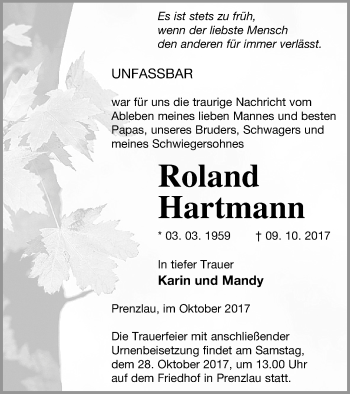 Traueranzeige von Roland Hartmann von Pasewalker Zeitung