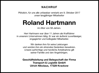 Traueranzeige von Roland Hartmann von Pasewalker Zeitung