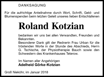 Traueranzeige von Roland Kotzian von Mecklenburger Schweiz