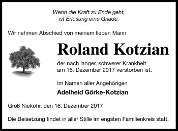 Traueranzeige von Roland Kotzian von Mecklenburger Schweiz