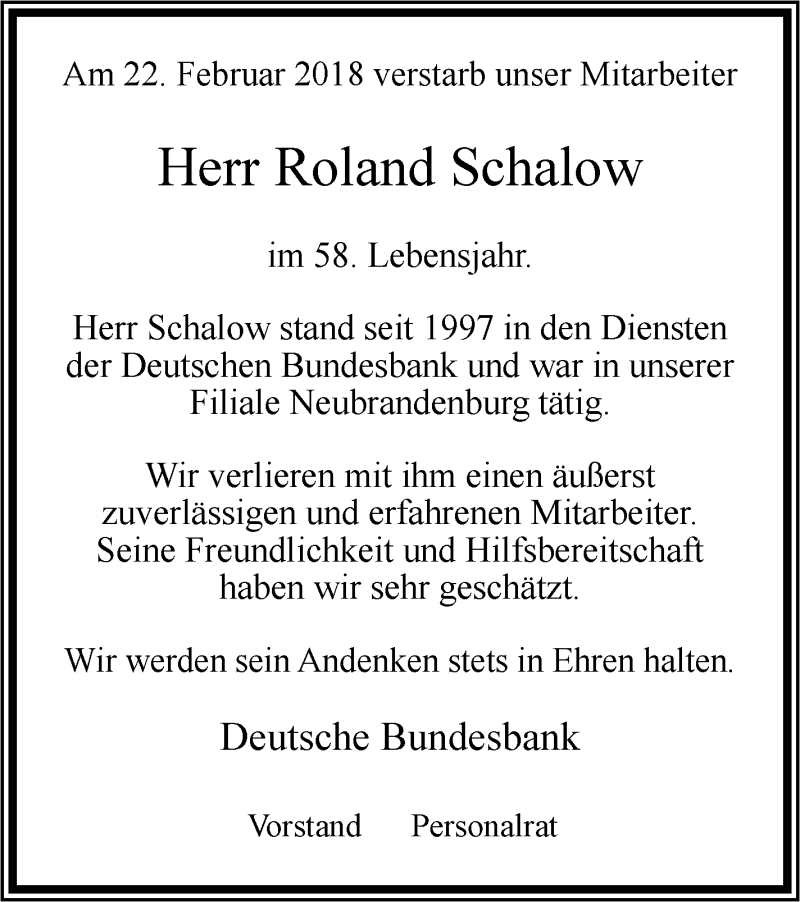  Traueranzeige für Roland Schalow vom 03.03.2018 aus Neubrandenburger Zeitung