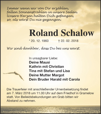 Traueranzeige von Roland Schalow von Neubrandenburger Zeitung