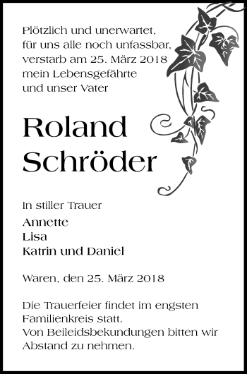 Traueranzeige von Roland Schröder von Müritz-Zeitung