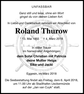 Traueranzeige von Roland Thurow von Haff-Zeitung