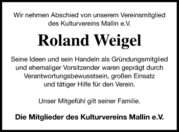 Traueranzeige von Roland Weigel von Müritz-Zeitung