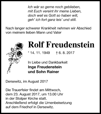 Traueranzeige von Rolf Freudenstein von Vorpommern Kurier