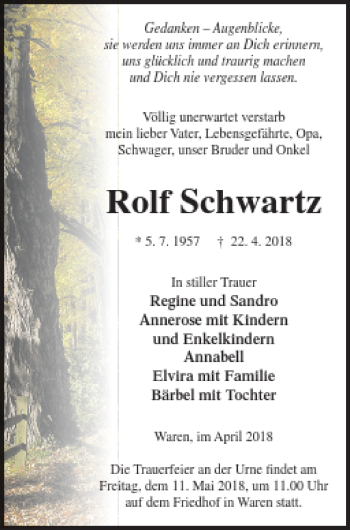 Traueranzeige von Rolf Schwartz von Müritz-Zeitung
