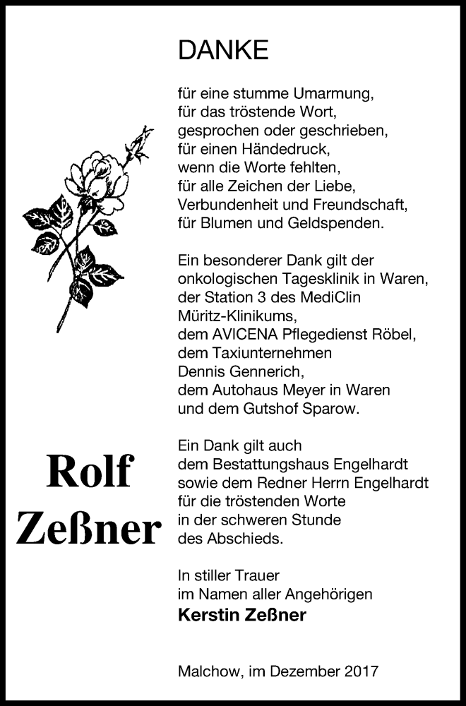  Traueranzeige für Rolf Zeßner vom 23.12.2017 aus Müritz-Zeitung