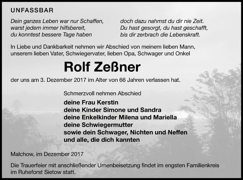  Traueranzeige für Rolf Zeßner vom 09.12.2017 aus Müritz-Zeitung