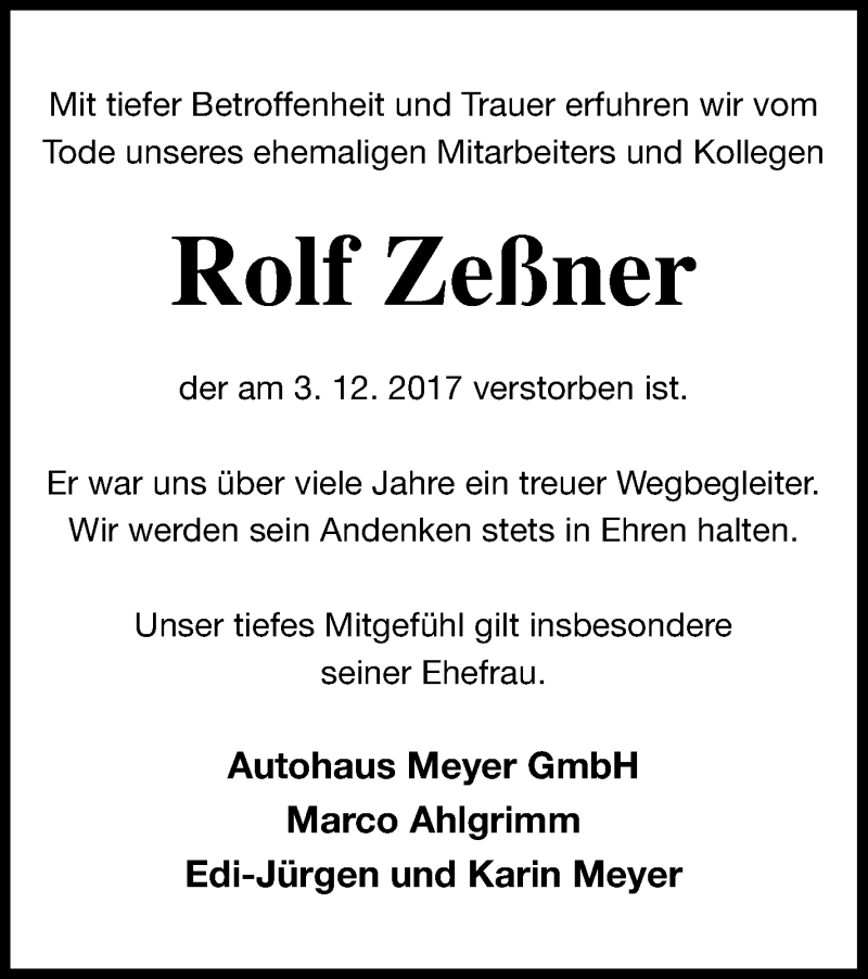  Traueranzeige für Rolf Zeßner vom 13.12.2017 aus Müritz-Zeitung