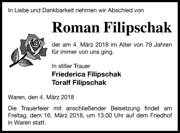 Traueranzeige von Roman Filipschak von Müritz-Zeitung