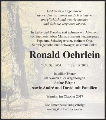 Traueranzeige von Ronald Oehrlein von Prenzlauer Zeitung