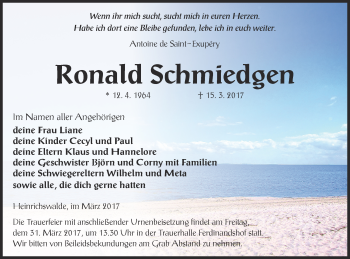 Traueranzeige von Ronald Schmiedgen von Haff-Zeitung