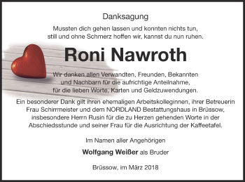 Traueranzeige von Roni Nawroth von Prenzlauer Zeitung