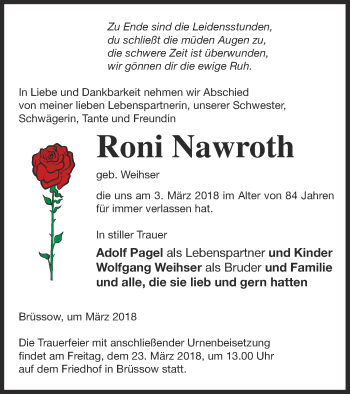 Traueranzeige von Roni Nawroth von Prenzlauer Zeitung