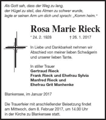 Traueranzeige von Rosa Marie Rieck von Strelitzer Zeitung