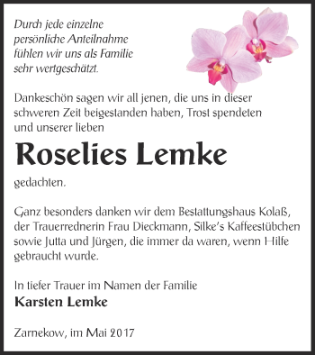 Traueranzeige von Roselies Lemke von Demminer Zeitung