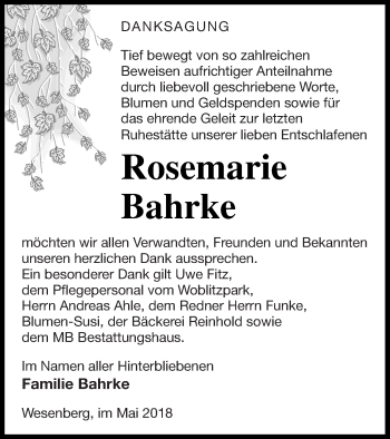 Traueranzeige von Rosemarie Bahrke von Strelitzer Zeitung