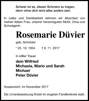 Traueranzeige von Rosemarie Düvier von Demminer Zeitung