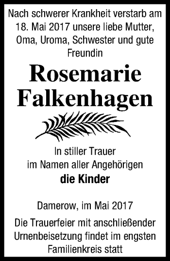 Traueranzeige von Rosemarie Falkenhagen von Pasewalker Zeitung