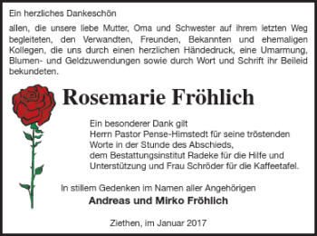 Traueranzeige von Rosemarie Fröhlich von Vorpommern Kurier