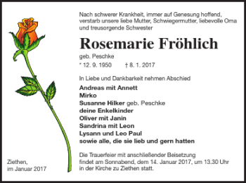 Traueranzeige von Rosemarie Fröhlich von Vorpommern Kurier