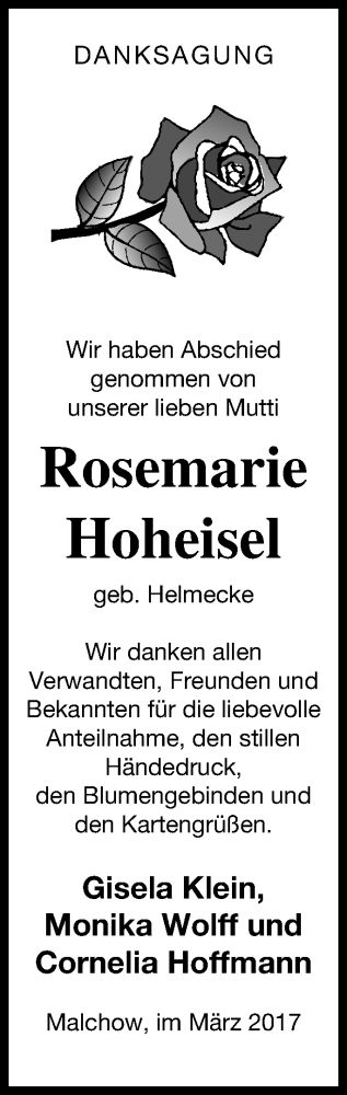 Traueranzeige von Rosemarie Hoheisel von Müritz-Zeitung