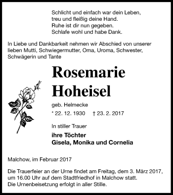 Traueranzeige von Rosemarie Hoheisel von Müritz-Zeitung