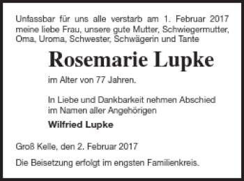 Traueranzeige von Rosemarie Lupke von Müritz-Zeitung