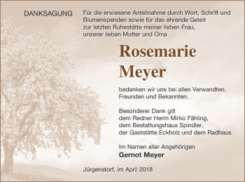 Traueranzeige von Rosemarie Meyer von Mecklenburger Schweiz