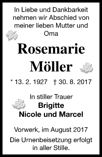 Traueranzeige von Rosemarie Möller von Demminer Zeitung