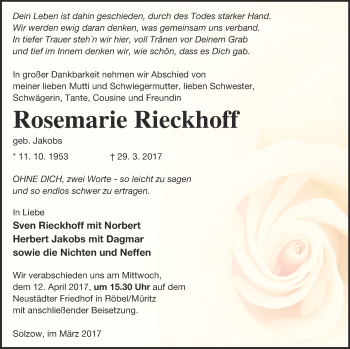 Traueranzeige von Rosemarie Rieckhoff von Müritz-Zeitung