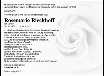 Traueranzeige von Rosemarie Rieckhoff von Müritz-Zeitung