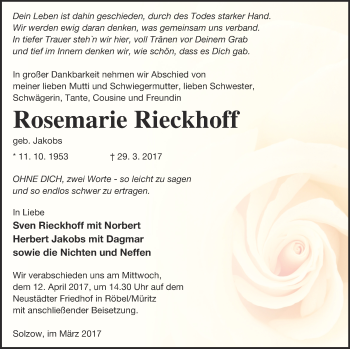 Traueranzeige von Rosemarie Rieckhoff von Müritz-Zeitung