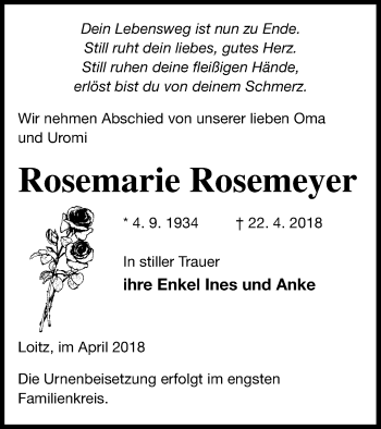 Traueranzeige von Rosemarie Rosemeyer von Vorpommern Kurier
