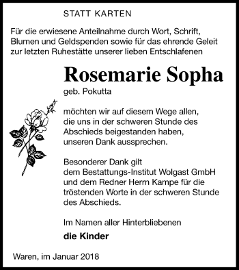 Traueranzeige von Rosemarie Sopha von Müritz-Zeitung