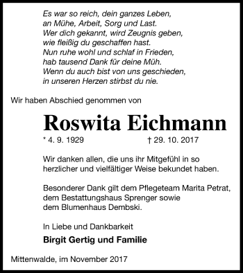 Traueranzeige von Roswita Eichmann von Templiner Zeitung