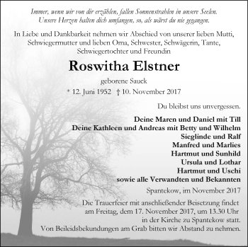 Traueranzeige von Roswitha Elstner von Vorpommern Kurier