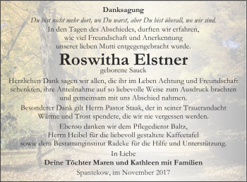 Traueranzeige von Roswitha Elstner von Vorpommern Kurier