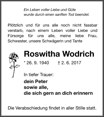 Traueranzeige von Roswitha Wodrich von Neubrandenburger Zeitung