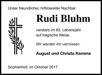 Traueranzeige von Rudi Bluhm von Vorpommern Kurier