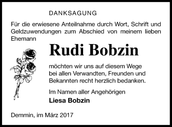 Traueranzeige von Rudi Bobzin von Demminer Zeitung