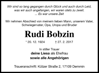 Traueranzeige von Rudi Bobzin von Demminer Zeitung