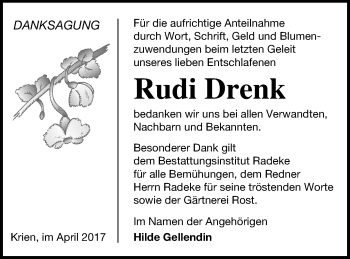 Traueranzeige von Rudi Drenk von Vorpommern Kurier