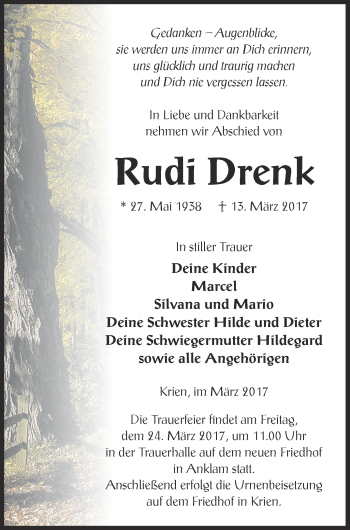 Traueranzeige von Rudi Drenk von Vorpommern Kurier