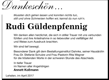 Traueranzeige von Rudi Güldenpfennig von Müritz-Zeitung